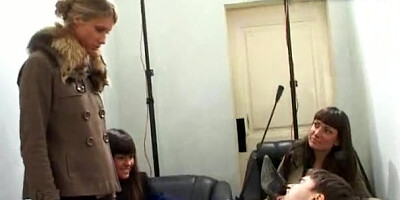 Foot slave gets cropped & small cock tortured by three mistress