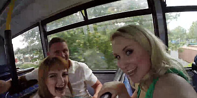 Anna Darling and Lola Gatsby take turns on huge cock in the bus