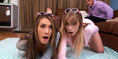 Mackenzie Mace and Stella Elle pleasuring horny dude in the living room