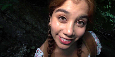 Pigtailed cutie Marina Gold pleases horny dude in the woods