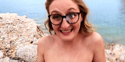 Nerdy chick Molly receives cumshot on her glasses