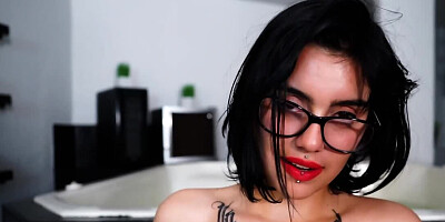 Nerdy girl spreads legs on that chair and plays with her pussy