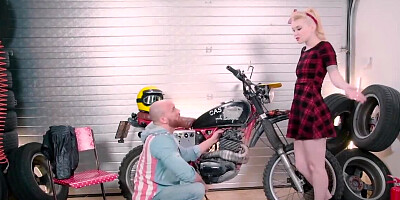 Blonde girl Misha Cross is being fucked by a horny biker in the garage