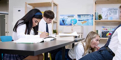 Juicy schoolgirl blows her classmate and rides his cock