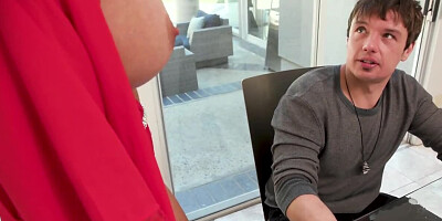 Lustful mom with huge melons seduces stepson on breakfast sex