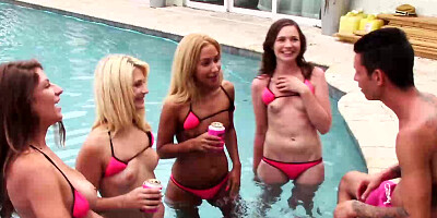 Four babes tag team two dudes by the pool & get all jizzed by turns