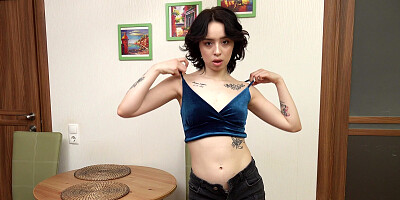 Petite Korolina Geiman caresses her wet pussy on the floor