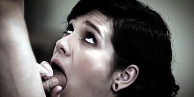 Cadey Mercury on her knees is sucking cock and licking balls