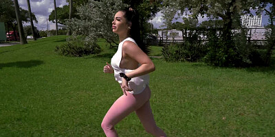 Busty MJ Fresh is running in the street