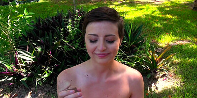 Short haired brunette likes garden sex