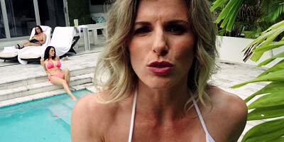 Brick Danger gets caught spying on three gorgeous MILFs