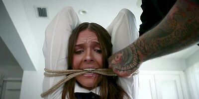 Sadie Holmes tied up & fucked by the pastor swallows every drop of cum