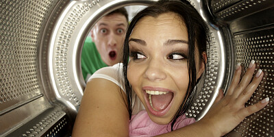 Curvy Sofia Lee stuck in the dryer and got her oiled pussy fucked