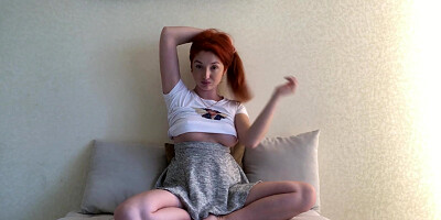 Redhead hot Red Fox caresses her body solo