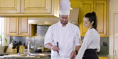 Hot sex in the kitchen of cook and his teen student