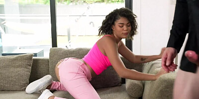 Curly-haired black girl gets cock through ripped Yoga pants