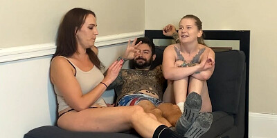Nicole and Alisha are giving him a reward blowjob for winning the strip game