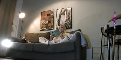 Thick Thighs Spread Legs and Horny Blonde Teen Loves to Flash Her Natural Hairy Pussy on the Couch