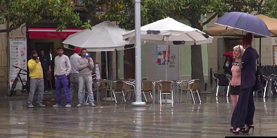 Public slut humiliated on the street by her strict domina