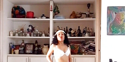 Latina babe is an exotic dancer in erotic lingerie masturbates her shaved, pink and wet pussy