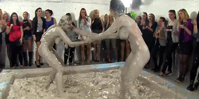 Classy euro hotties watch mud wrestling match