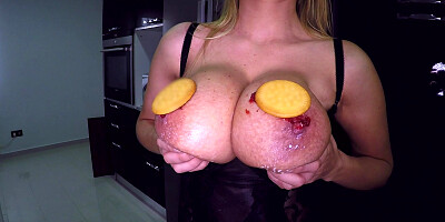Katerina made him some food, while she played with her big natural tits