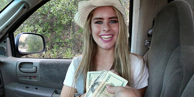 Hitchhking whore Lilly Ford flashes her tits for sixty bucks