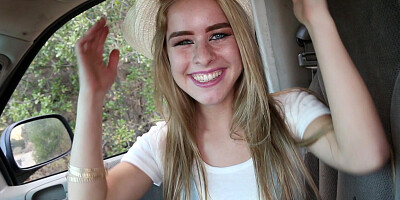 Hitchhking whore Lilly Ford flashes her tits for sixty bucks