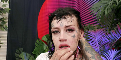 Inked chick fucked in face and pussy by a big-dicked brute