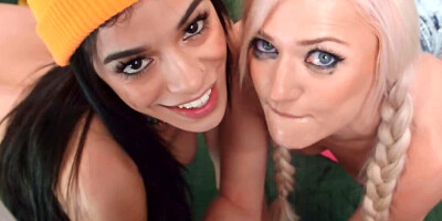 Cameraman gets it on with blonde and brunette girlfriends