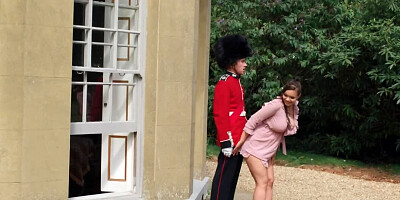 Royal guard seduced by naughty tourist with big natural jugs