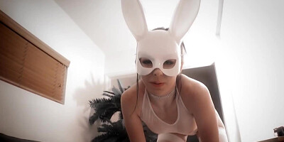 Cutie in bunny mask properly analyzed by excited fellow