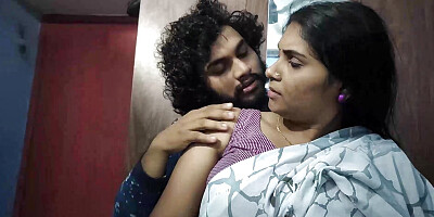 Vaishnavy and Sharun Raj hot saree romance part 2, Neck lick romance with lip lock and boobs press, Mallu couple hot boobs press