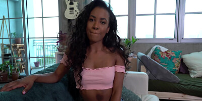 Ebony Demi Sutra guzzles the white cock in POV