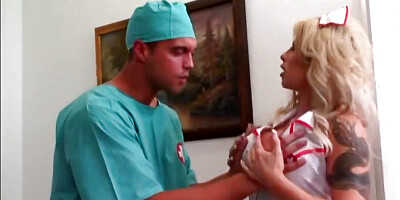 Brooke Haven is sitting on the doctor',s lap, with her smooth legs spread wide open, allowing him to rub her clitoris