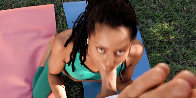 Kira Noir sucks cock and licks balls in the park
