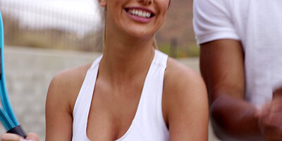 Busty August Ames flirting with her tennis couch