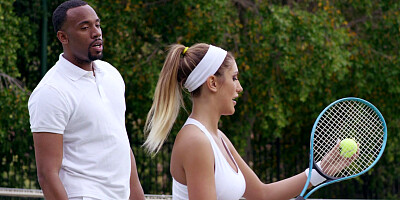 Busty August Ames flirting with her tennis couch