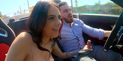 Melody Foxx is jerking and sucking Peter Green's cock in the car