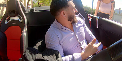 Melody Foxx is jerking and sucking Peter Green's cock in the car