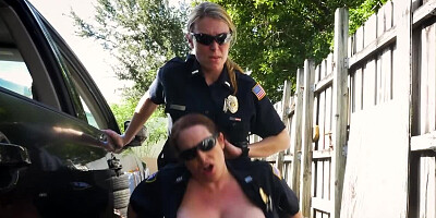 Black guy dragged into outdoor threesome with busty female cops