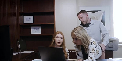 Two naughty secretaries are fucking with a horny boss