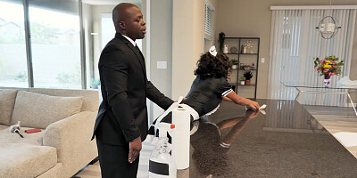 Maid September Reign on her knees is sucking Will Tile's BBC