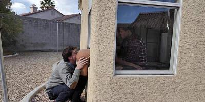 Ember Snow stuck in the window and got fucked by two guys