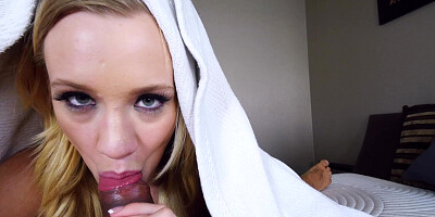 Bailey Brooke sucking on his fat wang from under the sheets