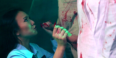 Teen Asia Lee is sucking two cocks