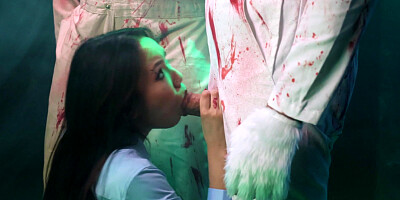 Teen Asia Lee is sucking two cocks