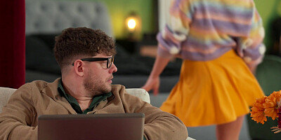 Karina King on her knees is sucking Michael Fly's cock