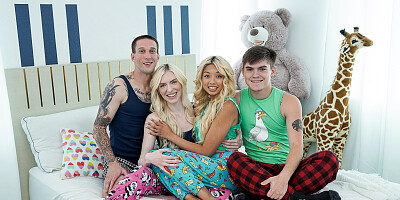 Two hot blondes ride their boyfriend's cocks in unison