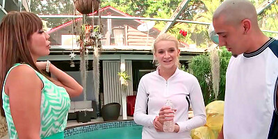 Girls are having a threesome with a handsome personal trainer